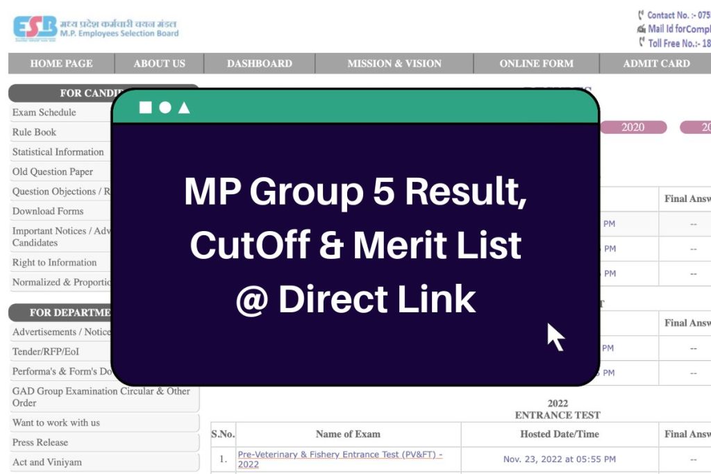 MP Group 5 Result 2023 (Direct Link) CutOff & Merit List @esb.mp.gov.in